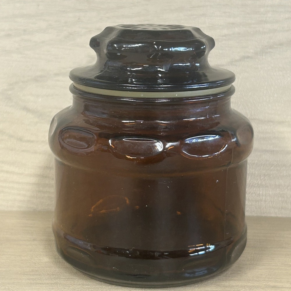 Vintage Dark Brown Amber Glass Apothecary Canister Spice Jar Starburst Lid - Picture 3 of 8